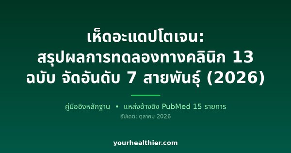 เห็ดอะแดปโตเจน: สรุปผลการทดลองทางคลินิก 13 ฉบับ จัดอันดับ 7 สายพันธุ์ (2026)